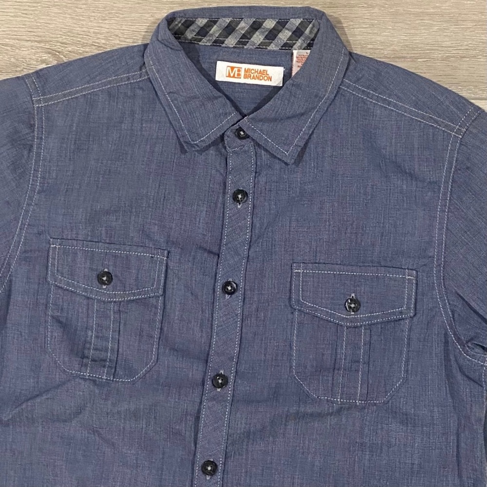 Michael Brandon Boy’s Button-up Two-Pocket Long-Sleeve Shirt, Blue, Size L